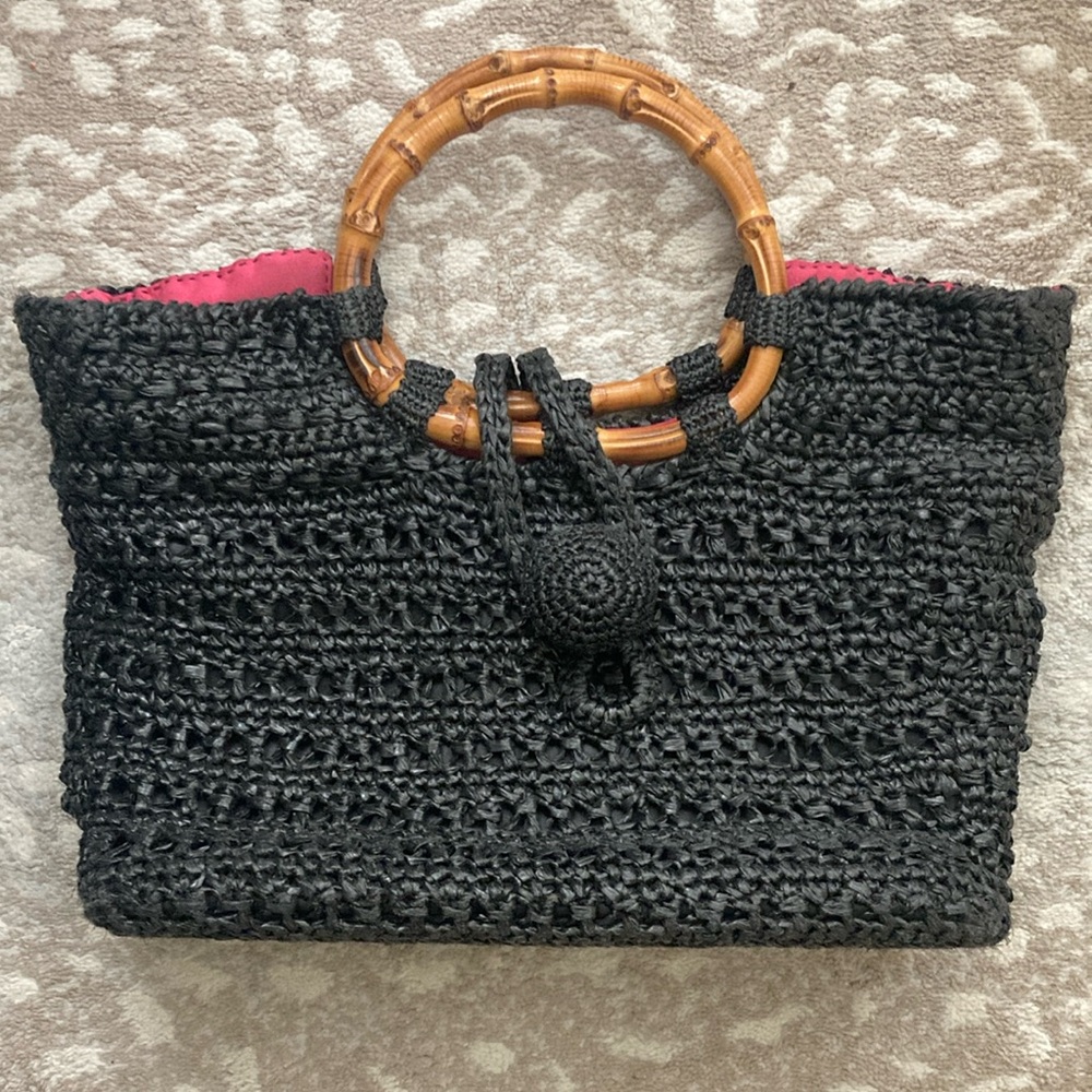 Trina Turk Black and Brown Tote with Bamboo Handles